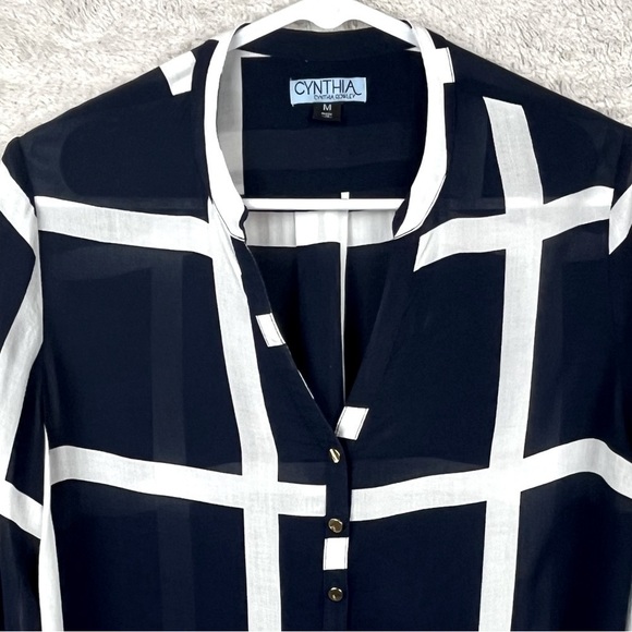 CYNTHIA ROWLEY Nautical Sheer Blouse Popover Navy Blue Window Pane Print Medium - Picture 2 of 16